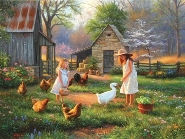  enfants tableaux - filles avec poule d’oie au soir
